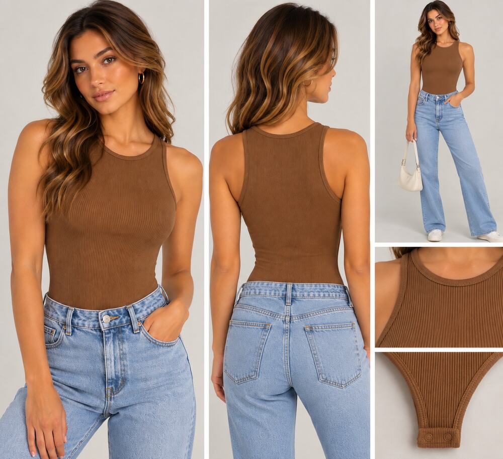 OQQ Brown Ribbed Sleeveless Bodysuit – Size M